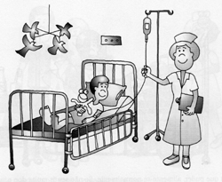 Quando acordar, vai notar que no braço ou na perna estará conectado um tubinho, ligado a um frasco de soro. Não se preocupe, fique calmo. Através dele você irá receber medicação sem ter que tomar remédio ou fazer injeção. Você poderá sentir um gosto ruim na boca, um pouco de enjôo, mas isso tudo passa logo. Seu pai ou sua mãe estará ao seu lado.